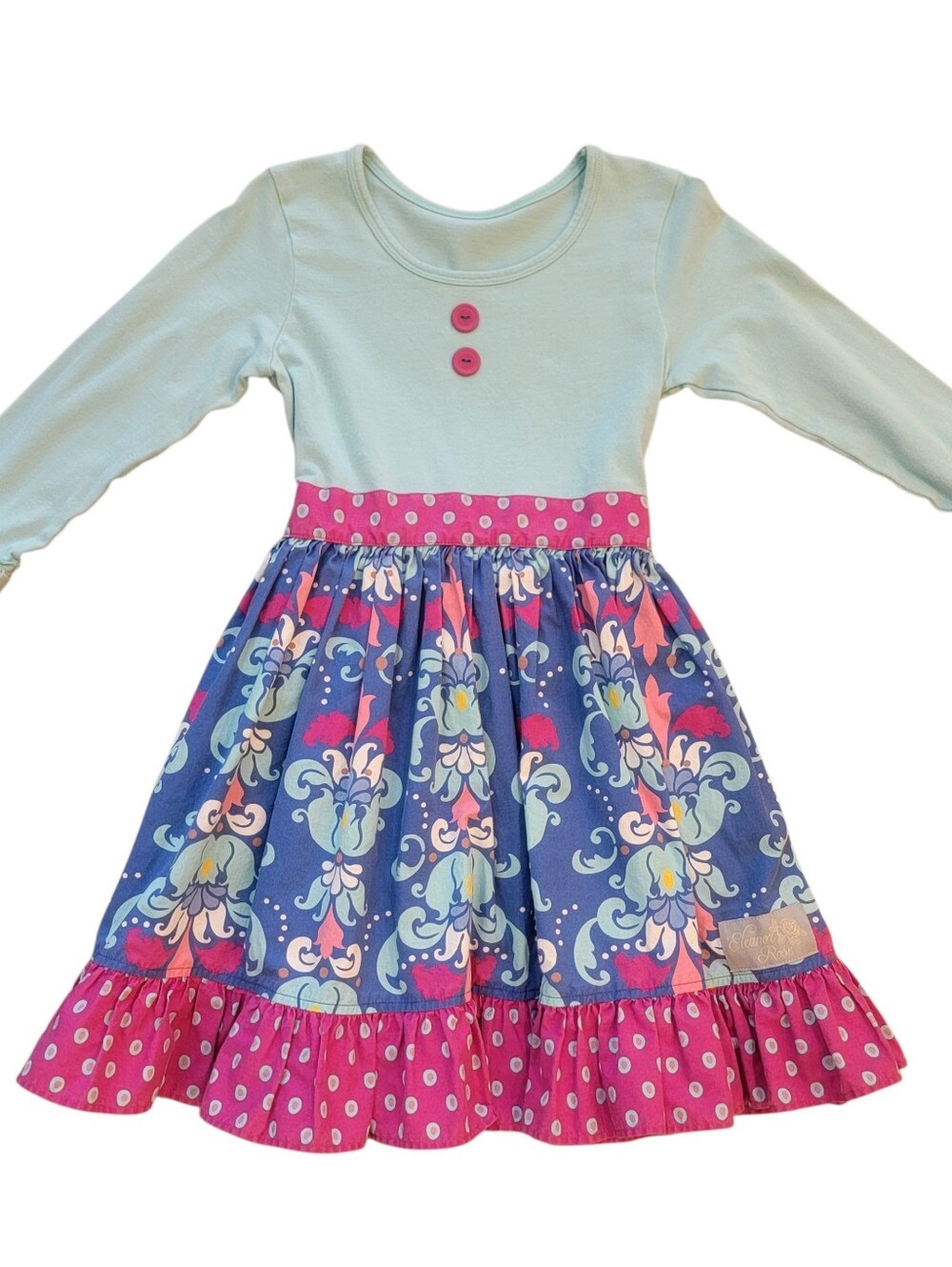 Eleanor Rose Girls Size 5/6 Rhonda Long Sleeve Blue Boutique Dress Ruffle Cuff
